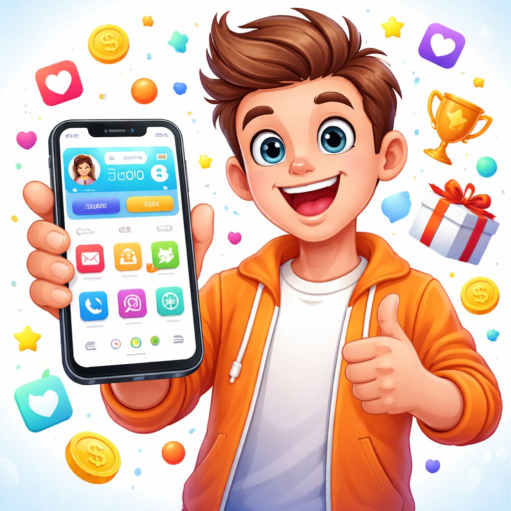 r777 app themed cartoon character using a smartphone with bright rewards icons