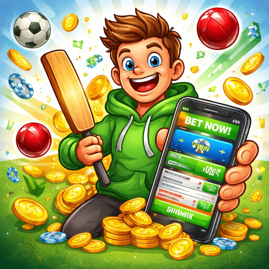 r777 themed cartoon sports betting character with match icons and coins