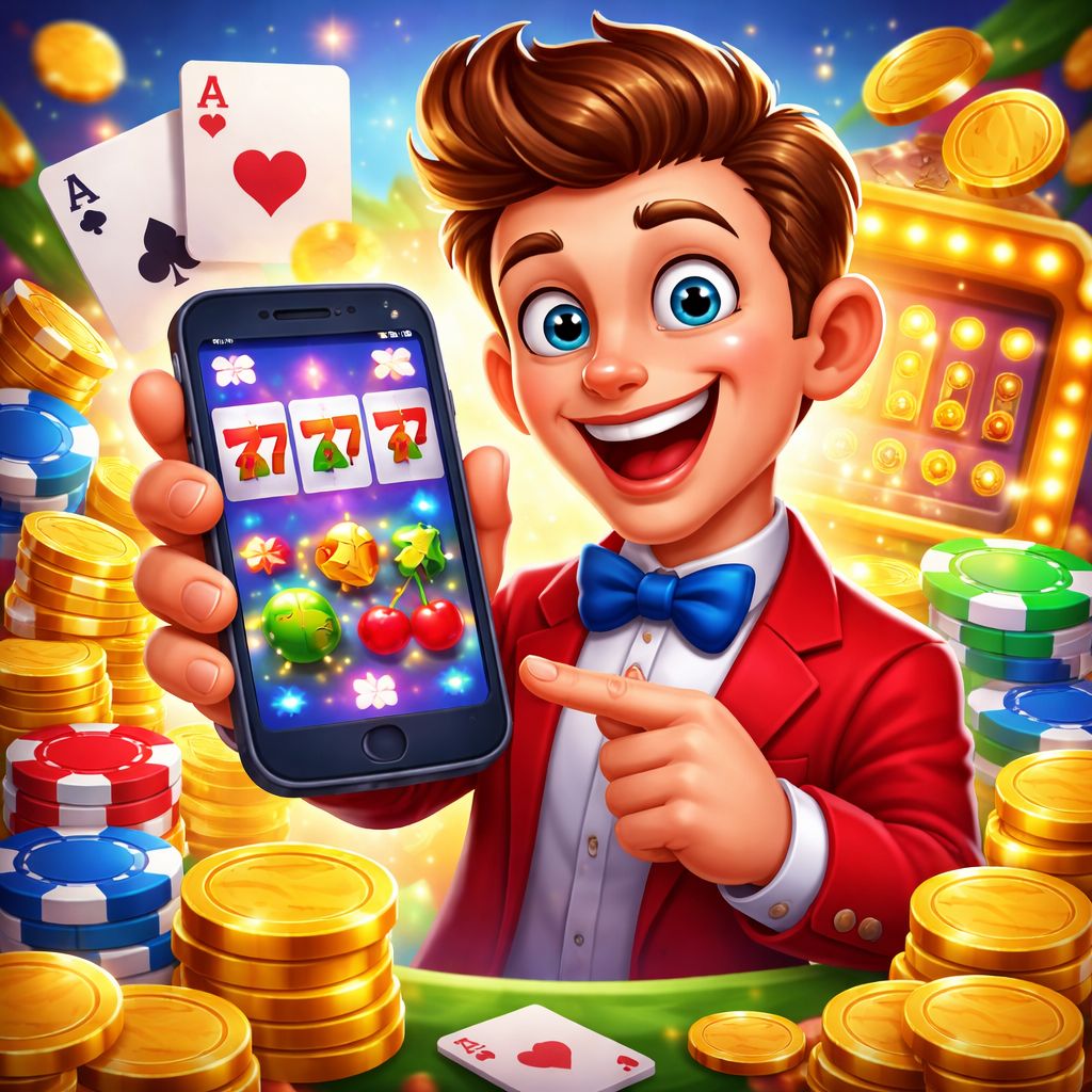 r777 themed cartoon casino character with chips, cards, and mobile gaming elements