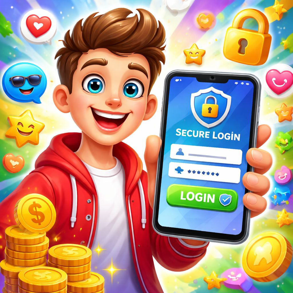 r777 themed cartoon character with smartphone login screen and coins