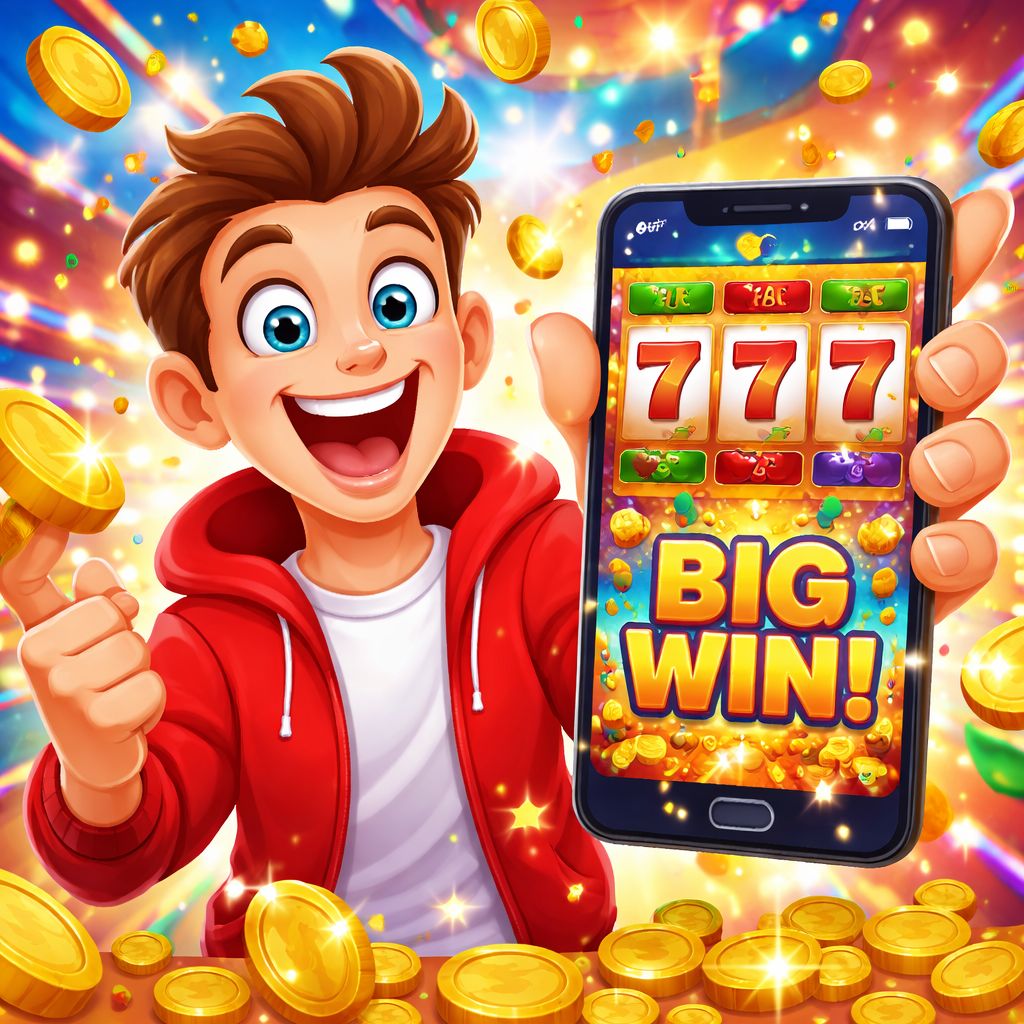 r777 themed cartoon character with slot reels, coins, and mobile gaming elements